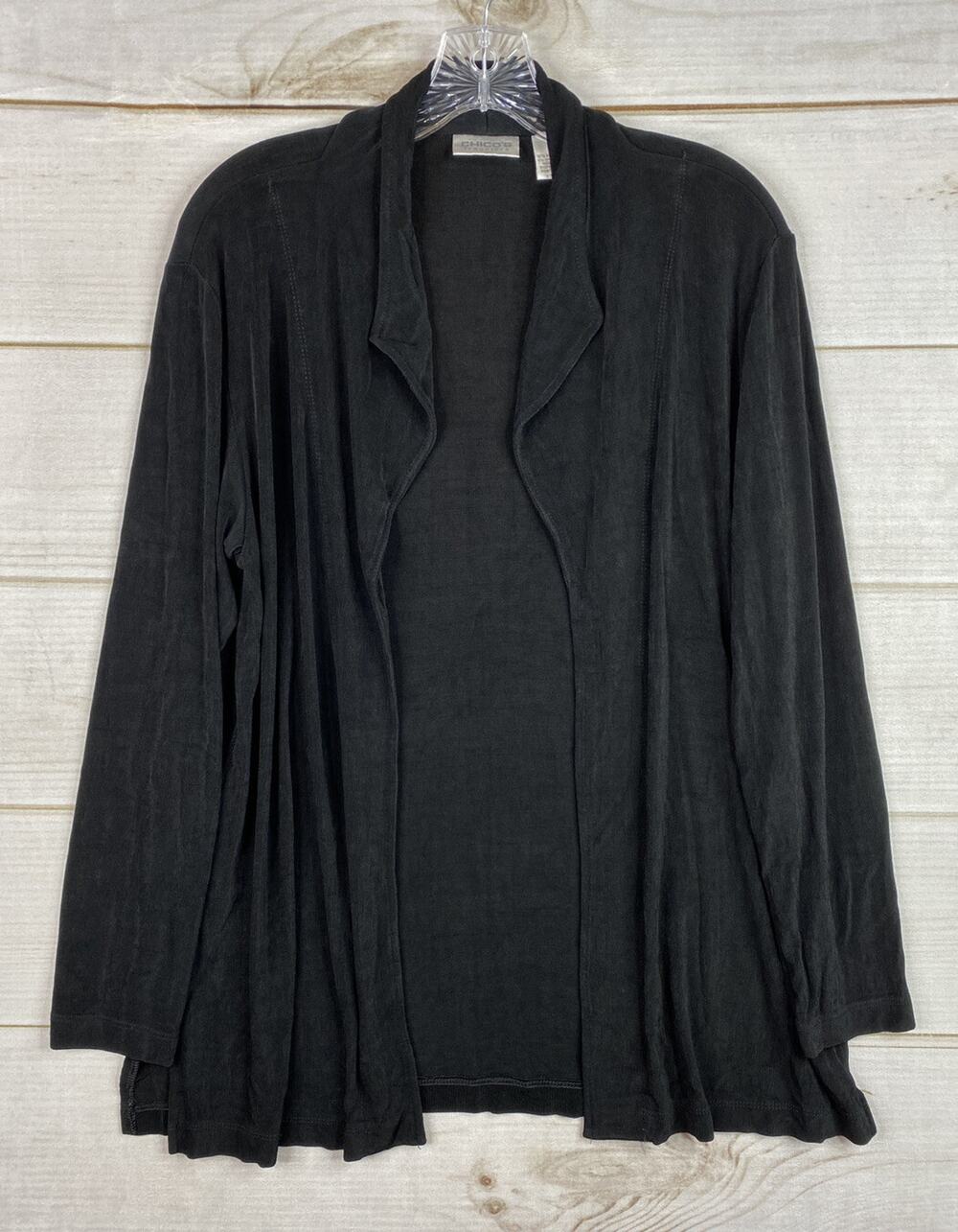 Chico's Travelers Cardigan Sz 2 Womens L 14 Black Open Front Blouse Acetate
